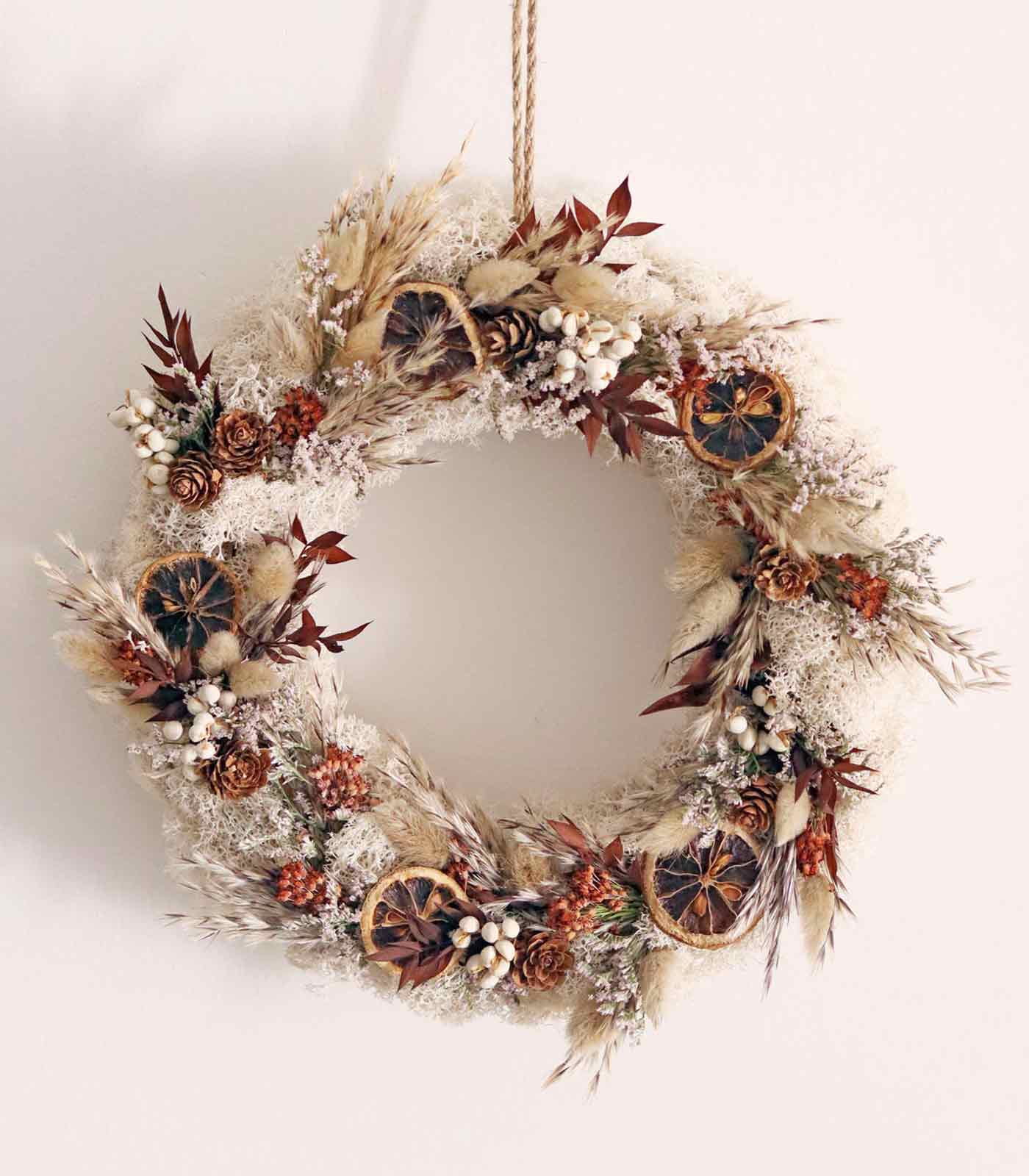 paño Gigante entidad Corona de Navidad elaborada con flores secas y preservadas - Snow White -  Aloe Lola